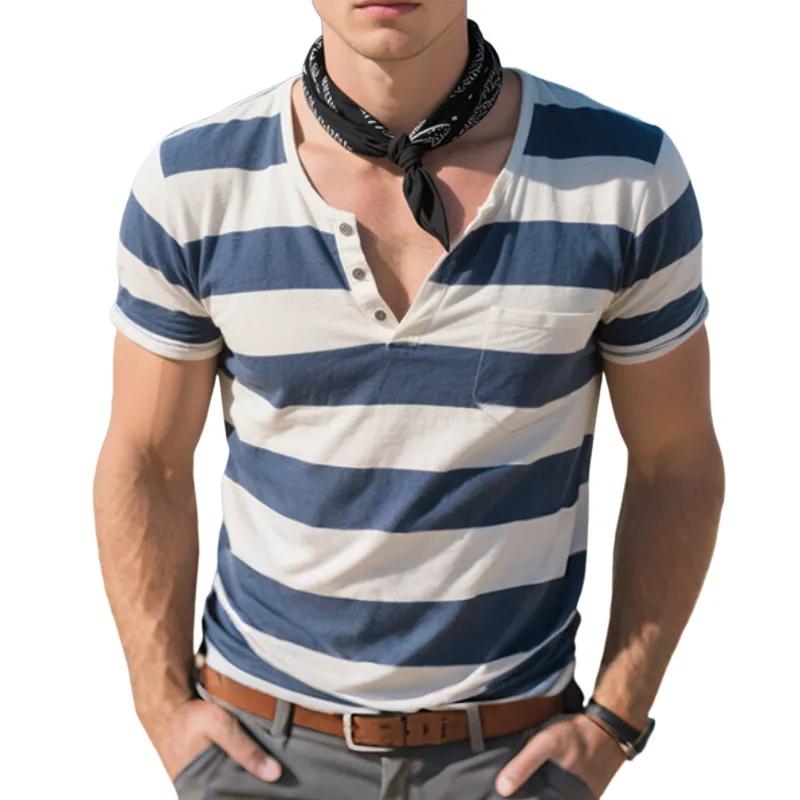 Men'S Retro Casual Western Cowboy Style Striped Print Henley Collar Short Sleeve T-Shirt MTA1007E8TO sold by Manly