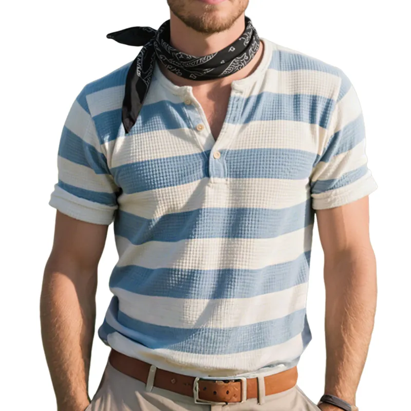 Men'S Retro Casual Western Cowboy Style Striped Print Waffle Henley Collar Short Sleeve T-Shirt MTA1077E3TO sold by Manly