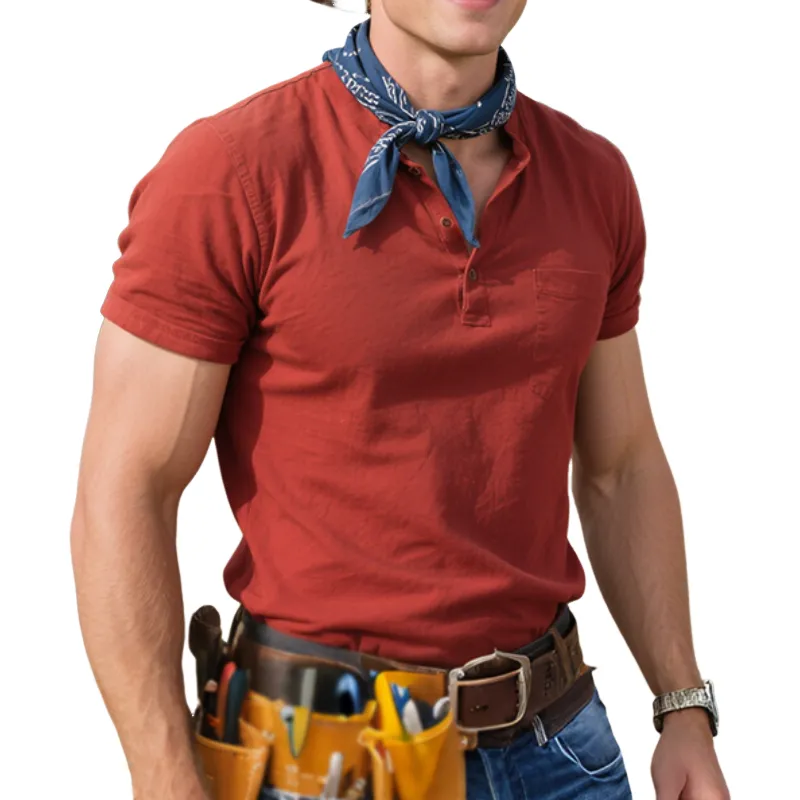 Men'S Retro Casual Western Cowboy Style Cotton Washed Henley Collar Short Sleeve T-Shirt MTA1069E2TO sold by Manly