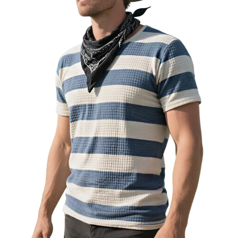 Men'S Retro Casual Western Cowboy Style Striped Printed Waffle Short Sleeve T-Shirt MTA1064E5TO sold by Manly