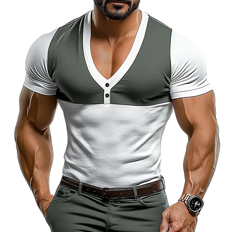 Men's Casual Cotton Colorblock Patchwork V-neck Slim Short Sleeve T-shirt MTA1303E1M sold by Manly