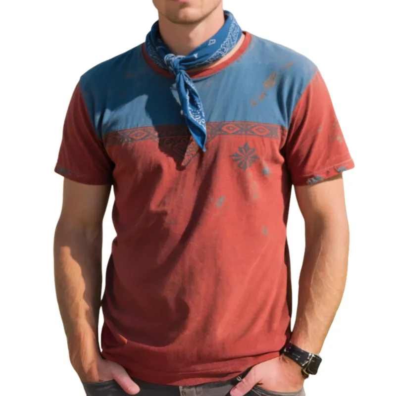 Men'S Retro Casual Western Cowboy Style Colorblock Printed Round Neck Short Sleeve T-Shirt MTA1040E1TO sold by Manly
