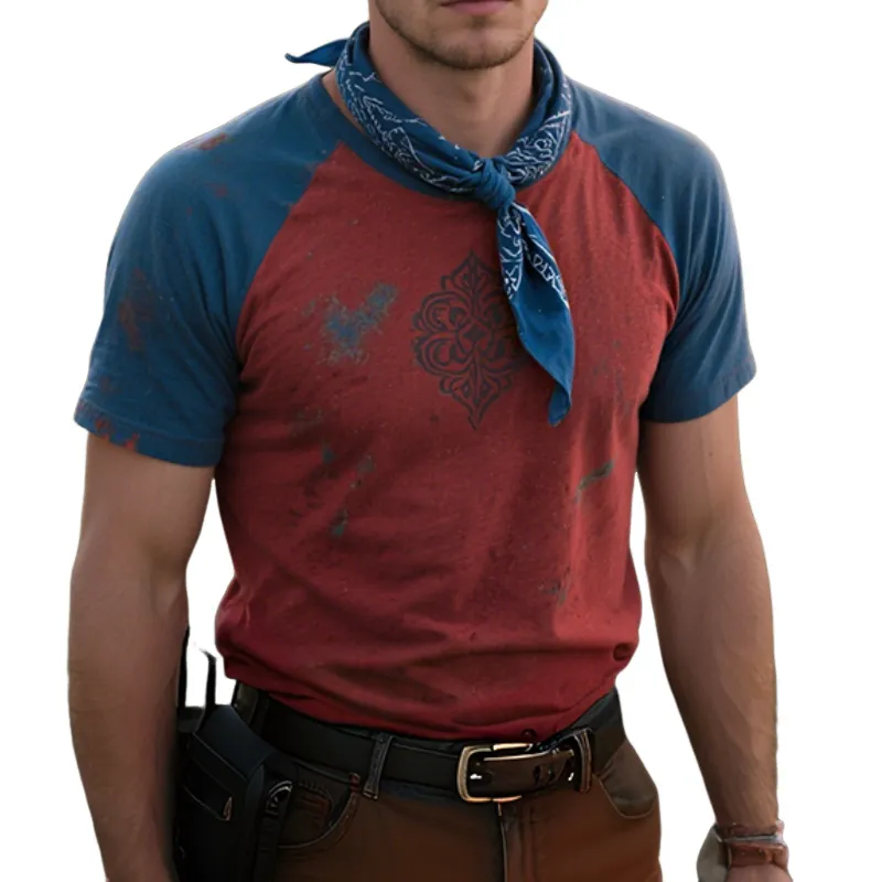 Men'S Retro Casual Western Cowboy Style Colorblock Printed Round Neck Short Sleeve T-Shirt MTA1023E6TO sold by Manly
