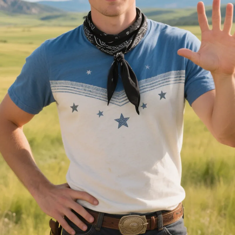 Men'S Retro Casual Western Cowboy Style Star Printed Round Neck Short Sleeve T-Shirt MTA1044E7TO sold by Manly product image thumbnail 3