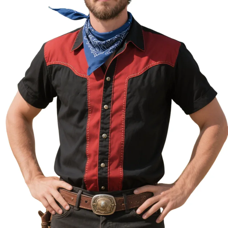 Men'S Retro Casual Western Cowboy Style Colorblock Lapel Short Sleeve Shirt MTA1035E1TO sold by Manly