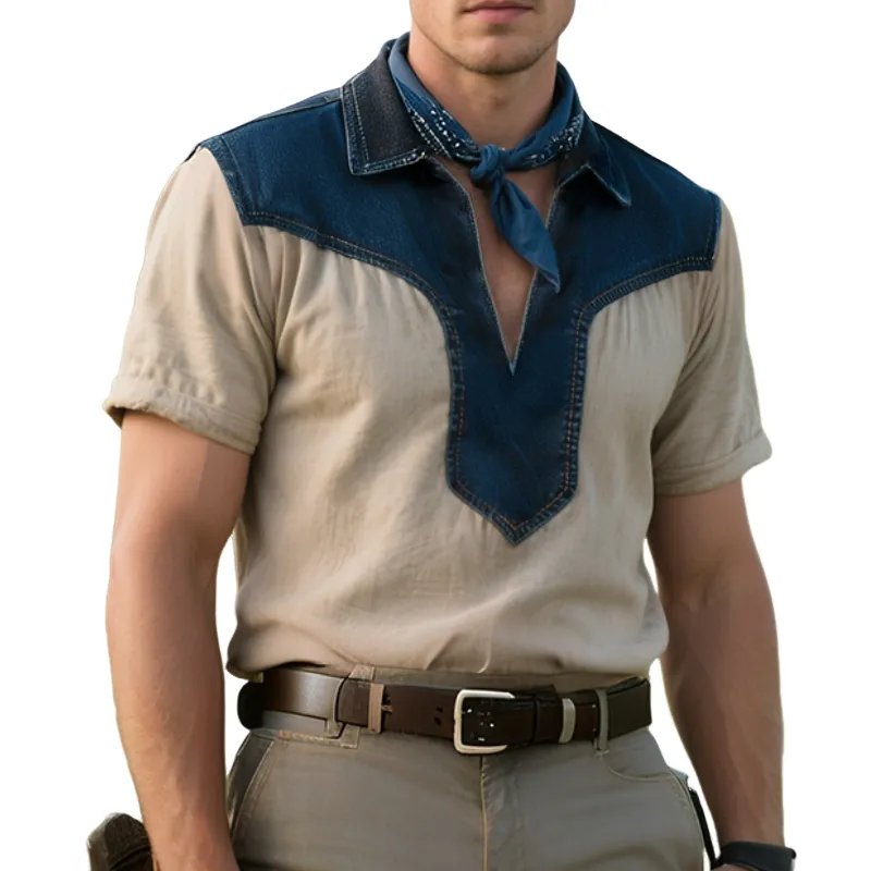 Men'S Retro Casual Western Cowboy Style Denim Splicing Lapel Short Sleeve Shirt MTA1005E5TO sold by Manly