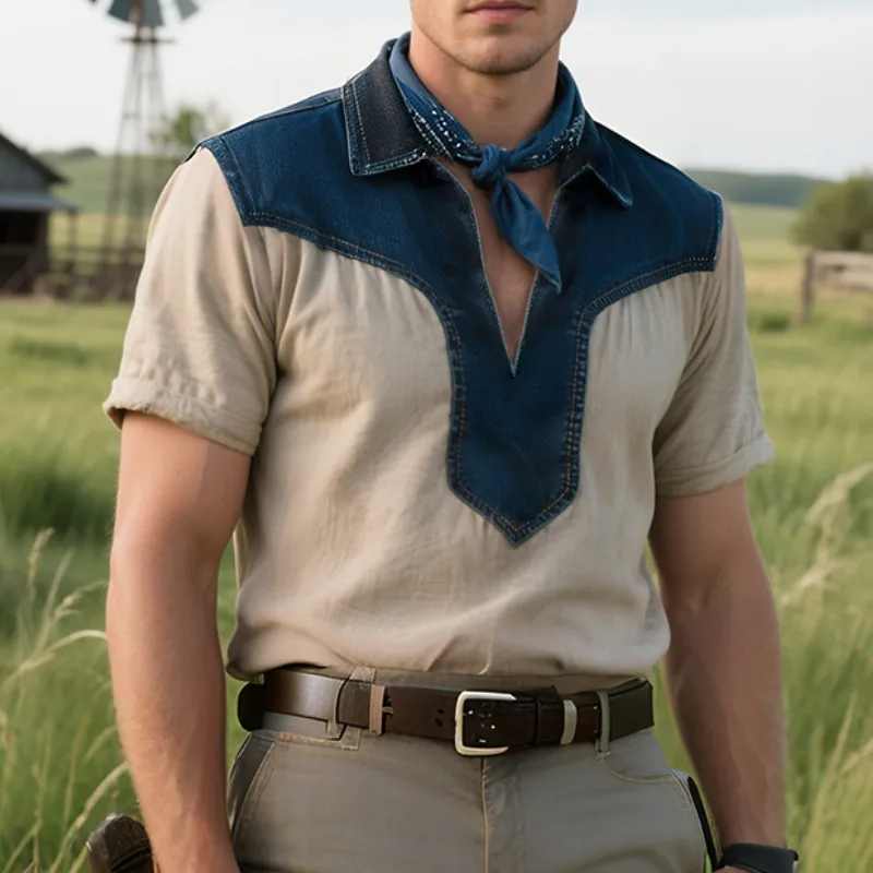 Men'S Retro Casual Western Cowboy Style Denim Splicing Lapel Short Sleeve Shirt MTA1005E5TO sold by Manly product image thumbnail 3