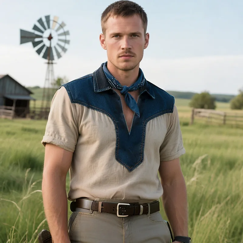 Men'S Retro Casual Western Cowboy Style Denim Splicing Lapel Short Sleeve Shirt MTA1005E5TO sold by Manly product image thumbnail 2