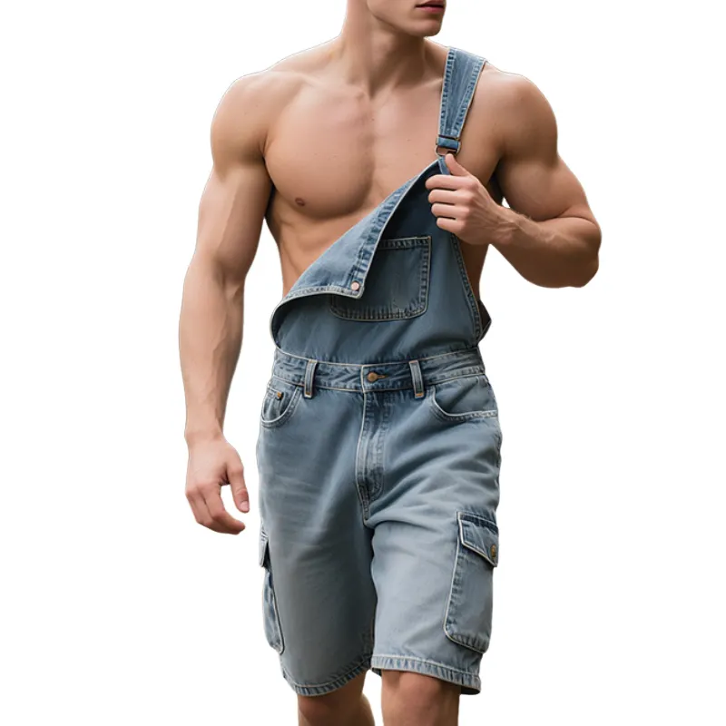 Men'S Retro Casual Denim Washed Loose Bib Shorts MTA1091E4TO sold by Manly