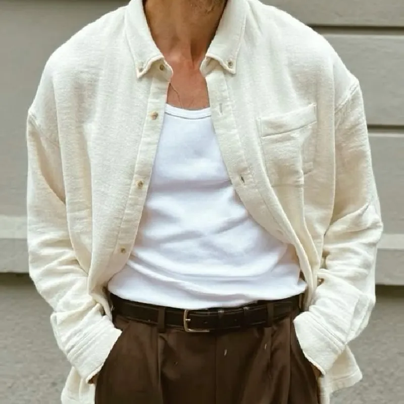 Men's Casual Cotton Blended Solid Color Lapel Patch Pocket Loose Long Sleeve Shirt MTA1295E9M sold by Manly product image thumbnail 3