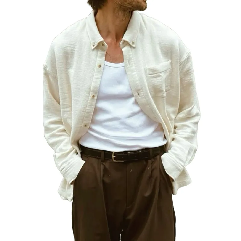 Men's Casual Cotton Blended Solid Color Lapel Patch Pocket Loose Long Sleeve Shirt MTA1295E9M sold by Manly