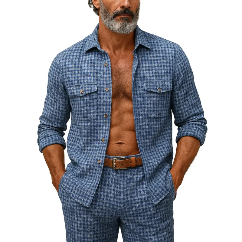 Men's Vintage Cotton Blend Plaid Lapel Chest Pocket Loose Long Sleeve Shirt MTA1293E3M sold by Manly