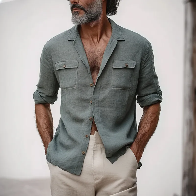 Men's Casual Breathable Cotton Linen Lapel Chest Pocket Slim Fit Long Sleeve Shirt MTA1297E6M sold by Manly product image thumbnail 4