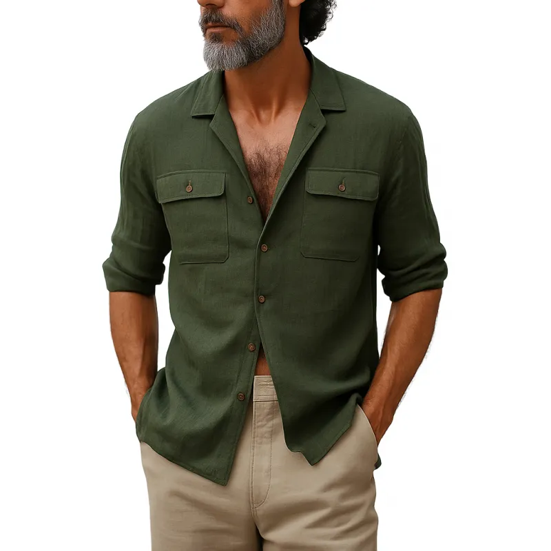 Men's Casual Breathable Cotton Linen Lapel Chest Pocket Slim Fit Long Sleeve Shirt MTA1297E6M sold by Manly