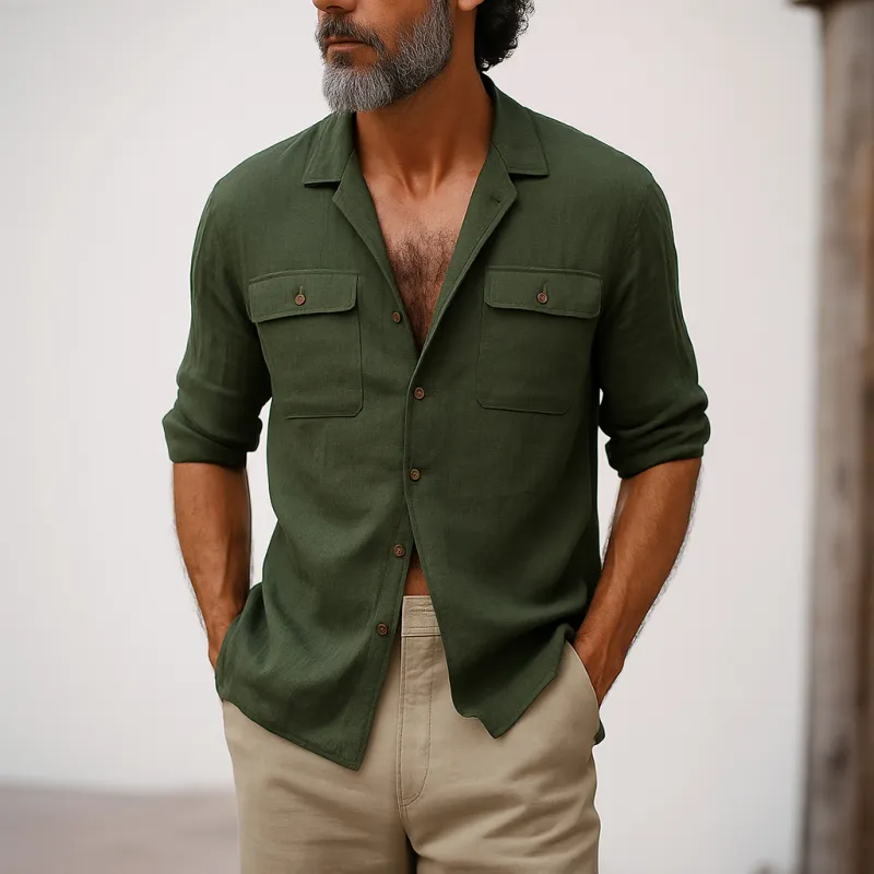 Men's Casual Breathable Cotton Linen Lapel Chest Pocket Slim Fit Long Sleeve Shirt MTA1297E6M sold by Manly product image thumbnail 3