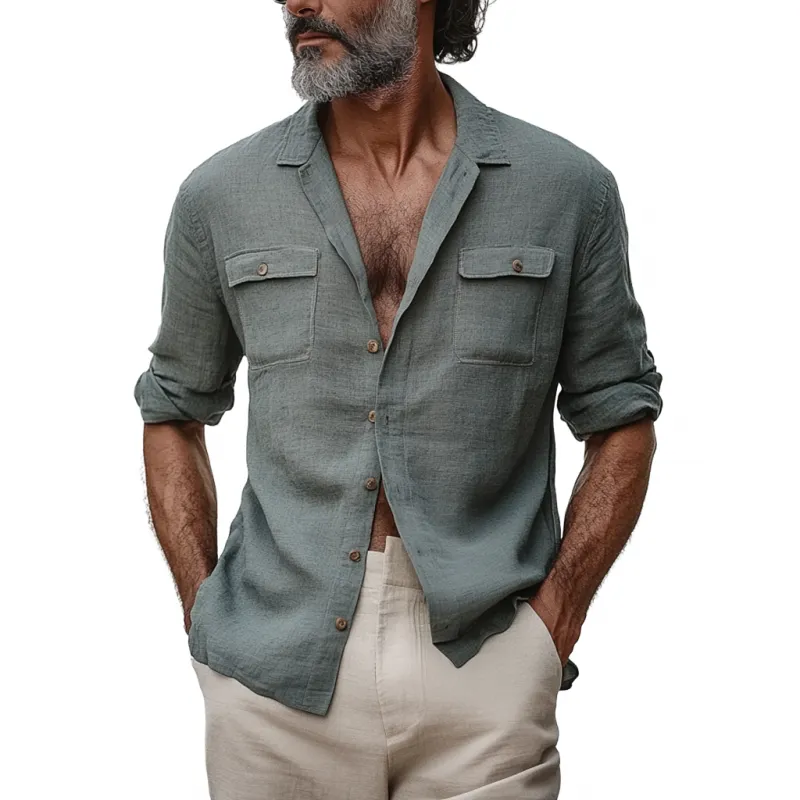 Men's Casual Breathable Cotton Linen Lapel Chest Pocket Slim Fit Long Sleeve Shirt MTA1297E6M sold by Manly product image thumbnail 2