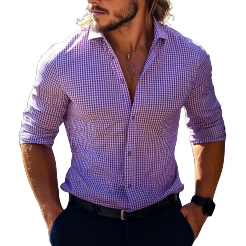 Men's Vintage Cotton Check Lapel Slim Fit Long Sleeve Shirt MTA1246E5M sold by Manly