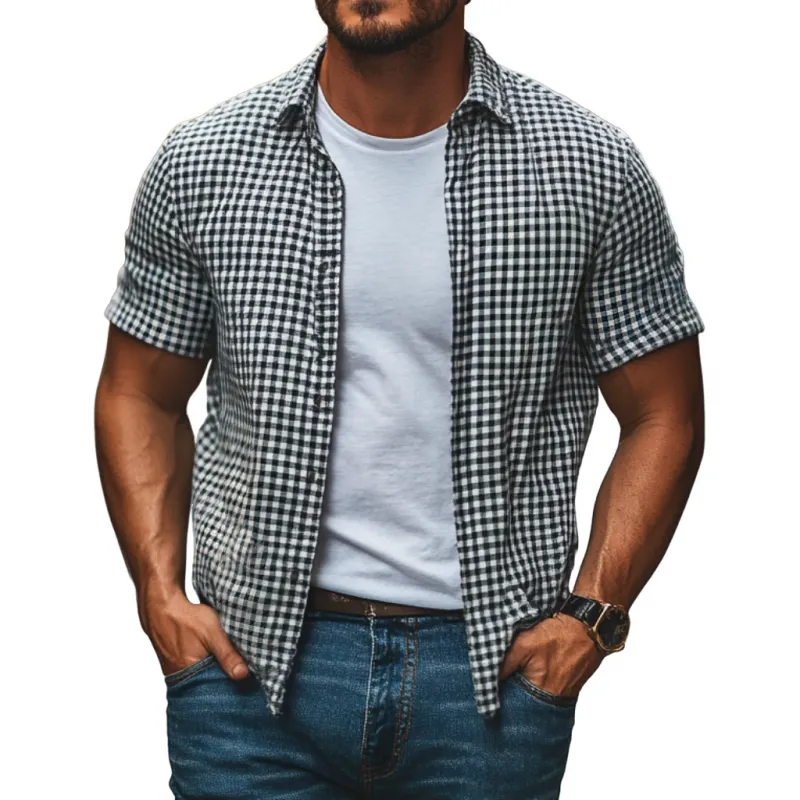 Men's Vintage Cotton Plaid Lapel Loose Short Sleeve Shirt MTA1238E8M sold by Manly