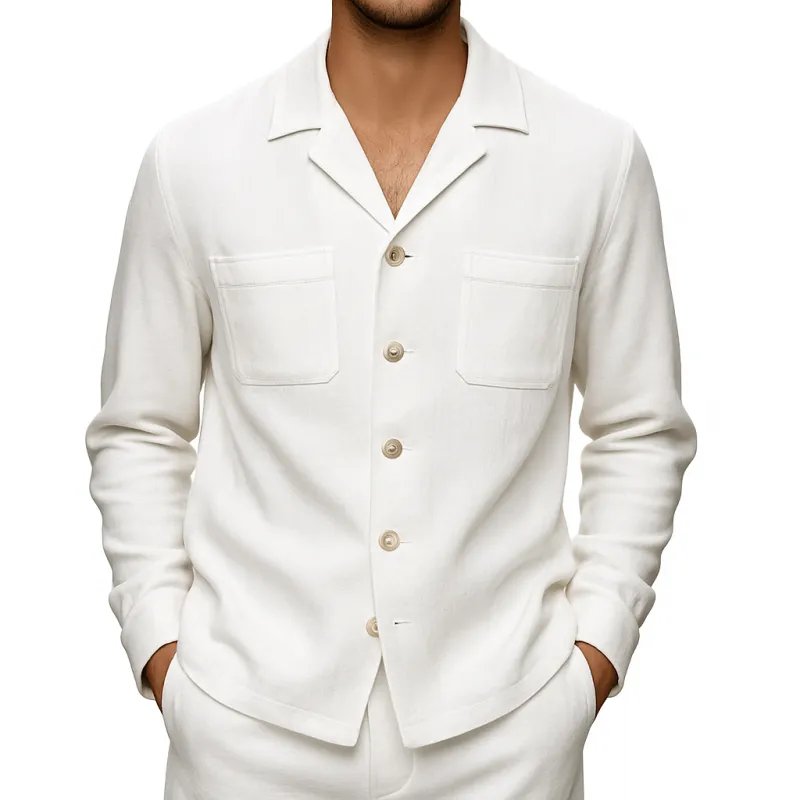 Men's Casual Breathable Cotton Linen Notched Lapel Single Breasted Patch Pocket Loose Long Sleeve Shirt MTA1248E2M sold by Manly