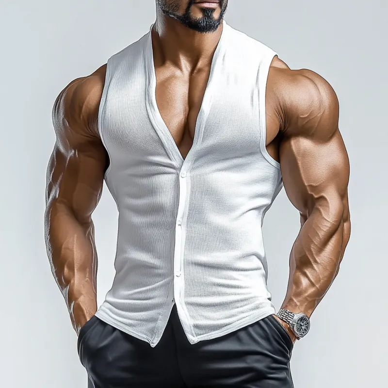 Men's Casual Cotton Blended Ribbed V-Neck Single-Breasted Slim Fit Tank Top MTA1387E5M sold by Manly product image thumbnail 3