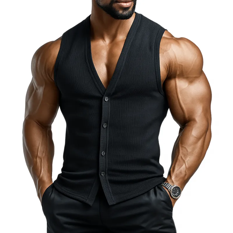 Men's Casual Cotton Blended Ribbed V-Neck Single-Breasted Slim Fit Tank Top MTA1387E5M sold by Manly product image thumbnail 2