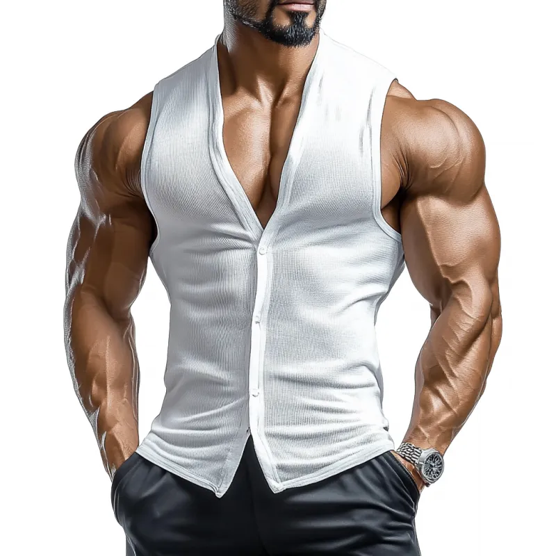 Men's Casual Cotton Blended Ribbed V-Neck Single-Breasted Slim Fit Tank Top MTA1387E5M sold by Manly