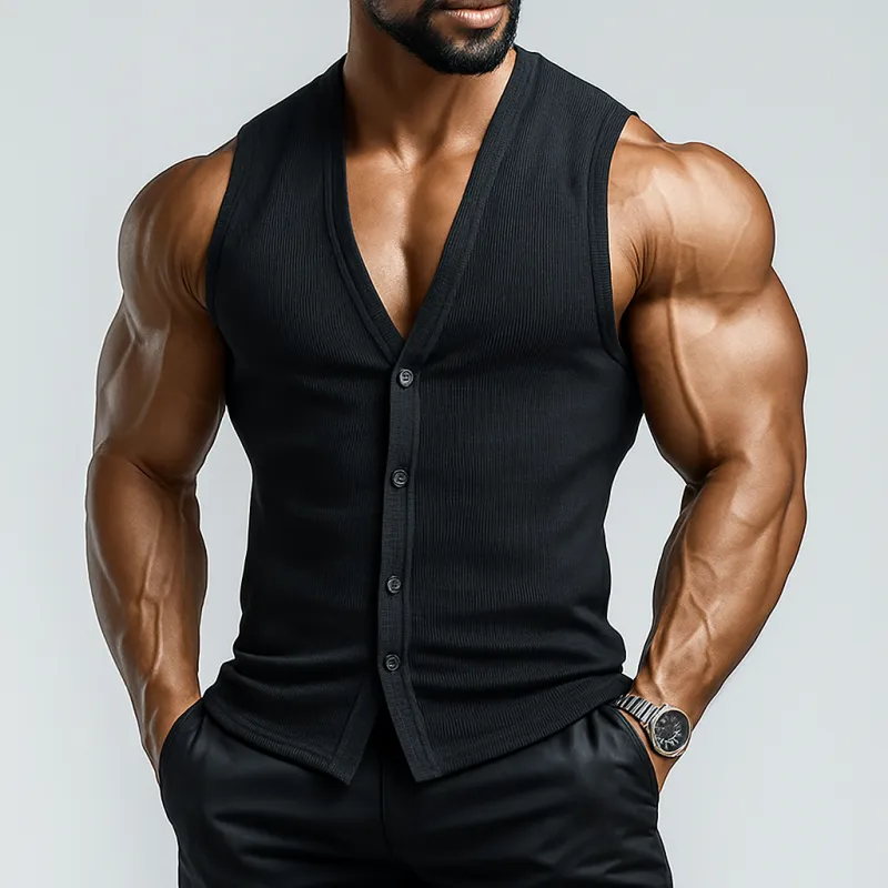 Men's Casual Cotton Blended Ribbed V-Neck Single-Breasted Slim Fit Tank Top MTA1387E5M sold by Manly product image thumbnail 4