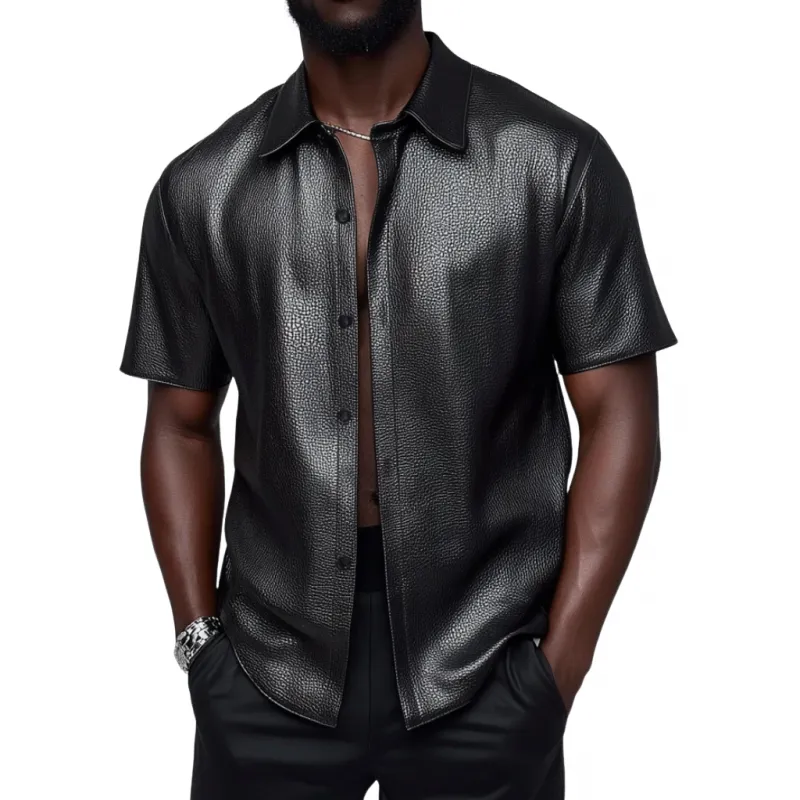 Men's Vintage Litchi Pattern PU Lapel Loose Short Sleeve Shirt MTA1397E1M sold by Manly