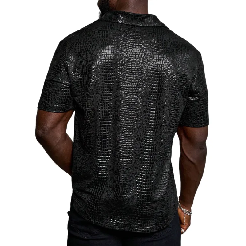 Men's Vintage Crocodile Pattern PU Lapel Loose Short Sleeve Shirt MTA1331E9M sold by Manly product image thumbnail 3