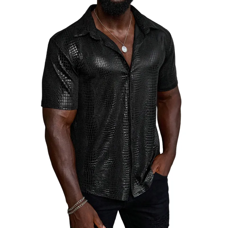 Men's Vintage Crocodile Pattern PU Lapel Loose Short Sleeve Shirt MTA1331E9M sold by Manly product image thumbnail 2