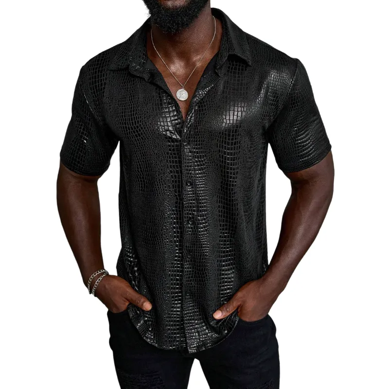 Men's Vintage Crocodile Pattern PU Lapel Loose Short Sleeve Shirt MTA1331E9M sold by Manly