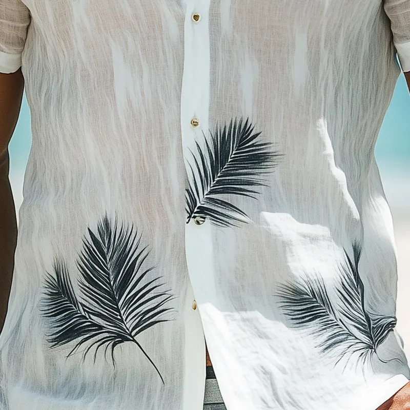 Men'S Summer Fashion Palm Leaf Print Linen Short Sleeve Casual Shirt MTA1363E5P sold by Manly product image thumbnail 4
