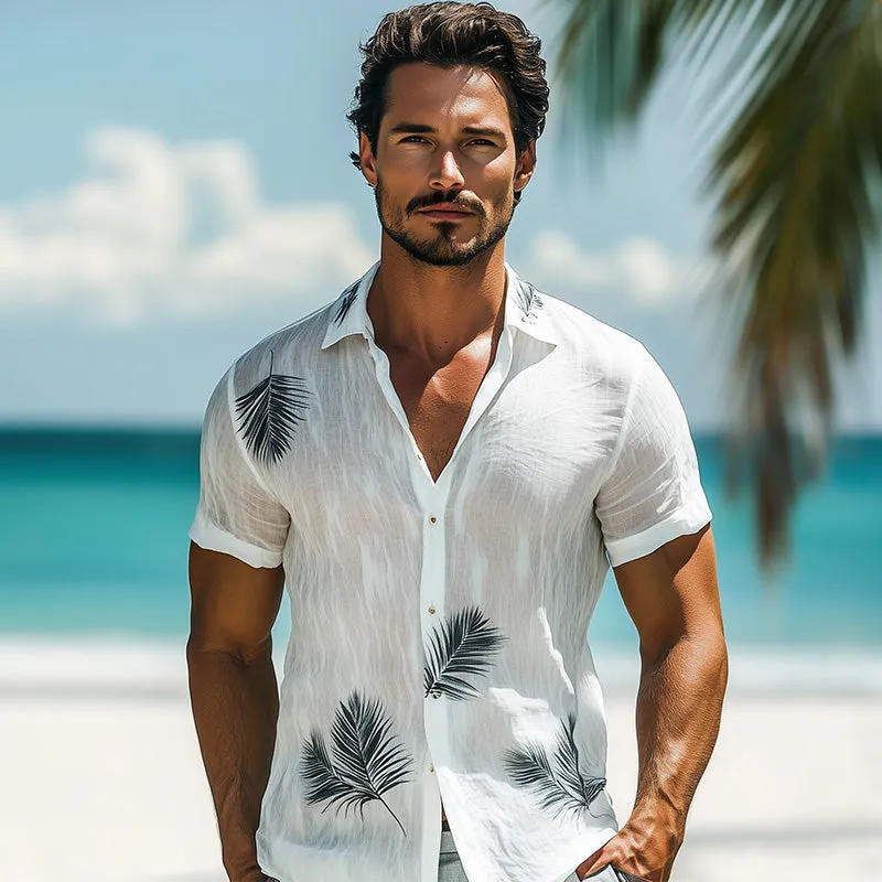 Men'S Summer Fashion Palm Leaf Print Linen Short Sleeve Casual Shirt MTA1363E5P sold by Manly product image thumbnail 2