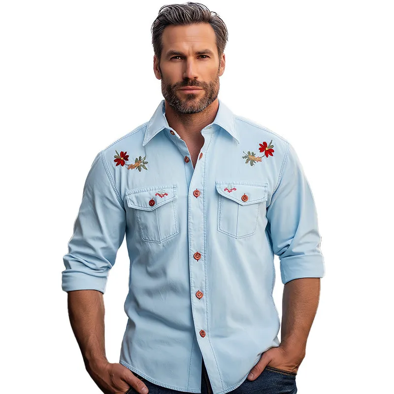 Men'S Summer Fashion Embroidered Long Sleeve Denim Shirt MTA1360E9P sold by Manly