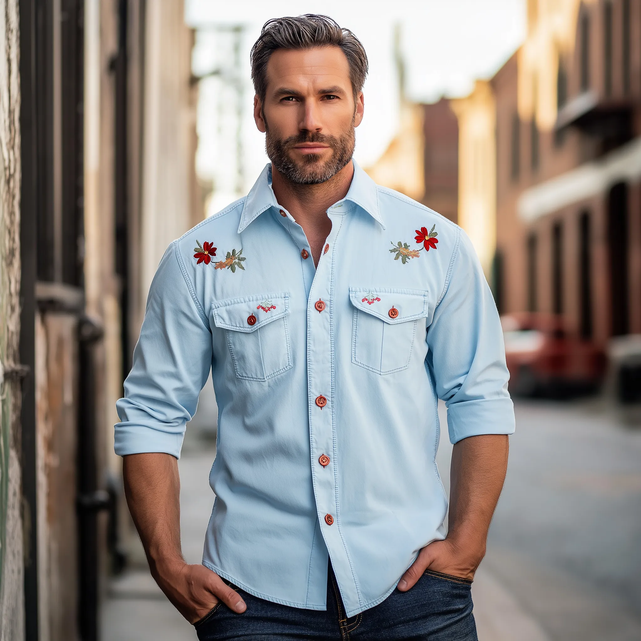 Men'S Summer Fashion Embroidered Long Sleeve Denim Shirt MTA1360E9P sold by Manly product image thumbnail 2