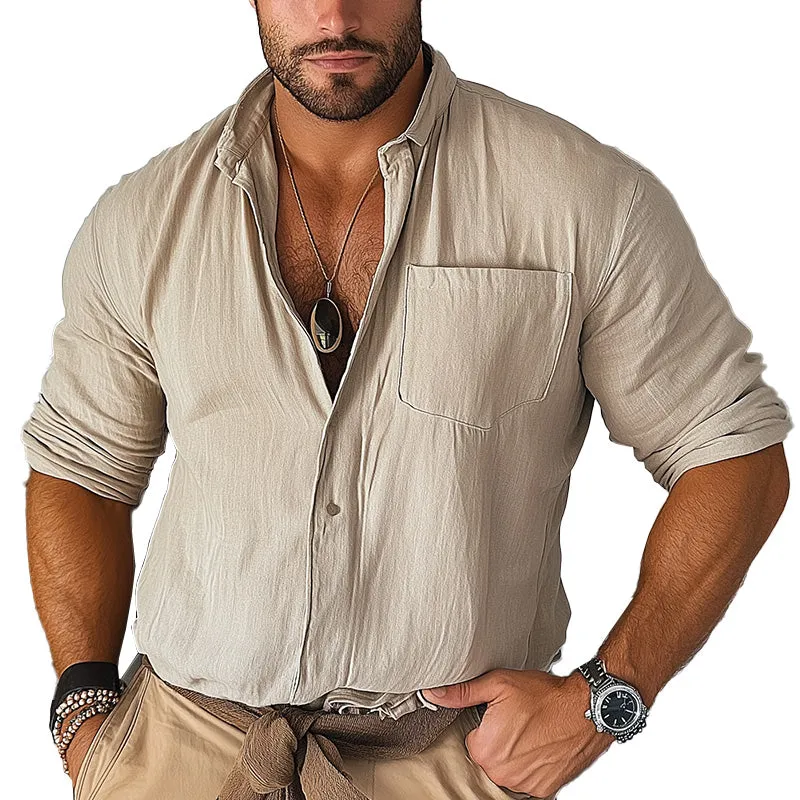 Men'S Summer Fashion Breathable Linen Solid Color Long Sleeve Shirt MTA1379E9P sold by Manly