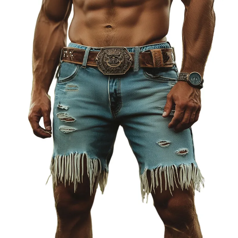 Men's Western Cowboy Style Ripped Tassel Denim Shorts MTA1247E2U sold by Manly