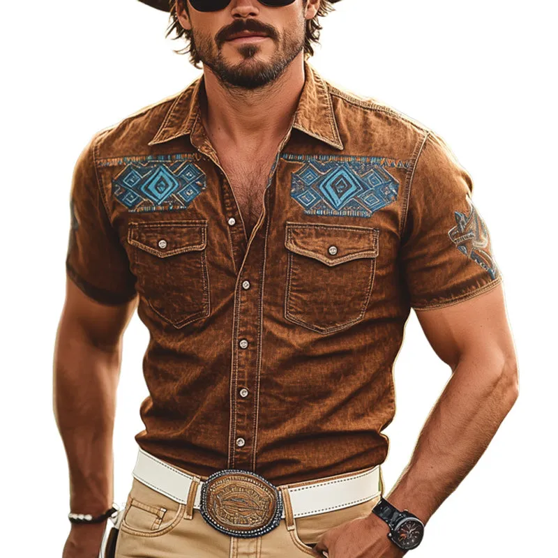 Men's Western Cowboy Style Denim Embroidery Short Sleeve Shirt MTA1237E7U sold by Manly