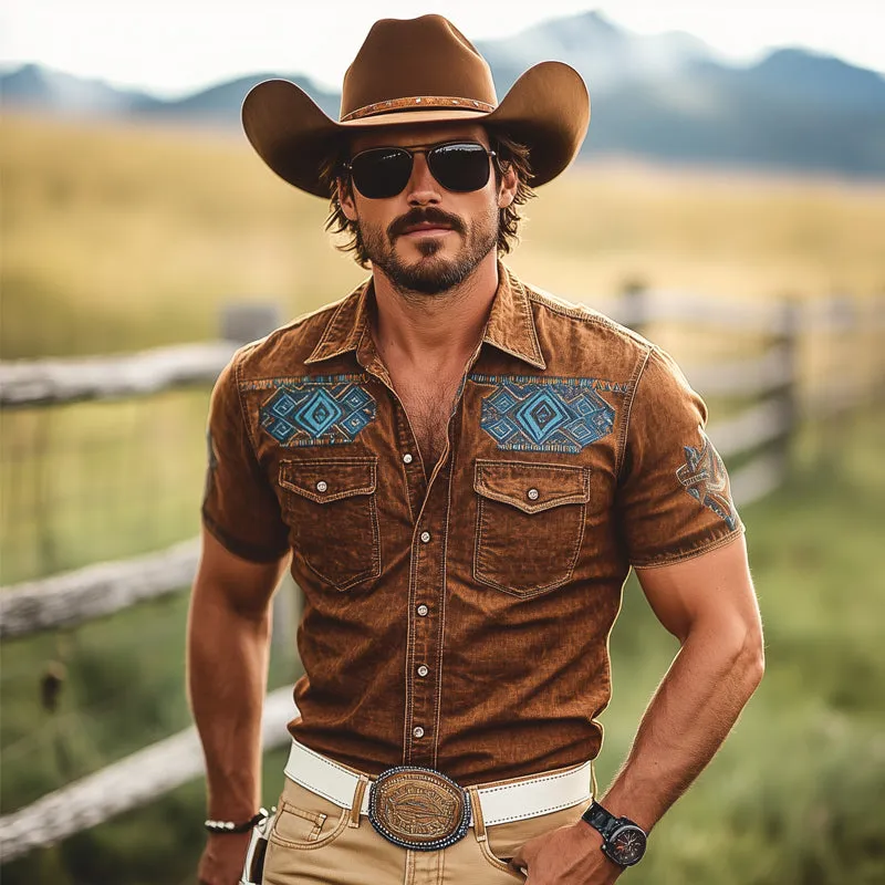 Men's Western Cowboy Style Denim Embroidery Short Sleeve Shirt MTA1237E7U sold by Manly product image thumbnail 3