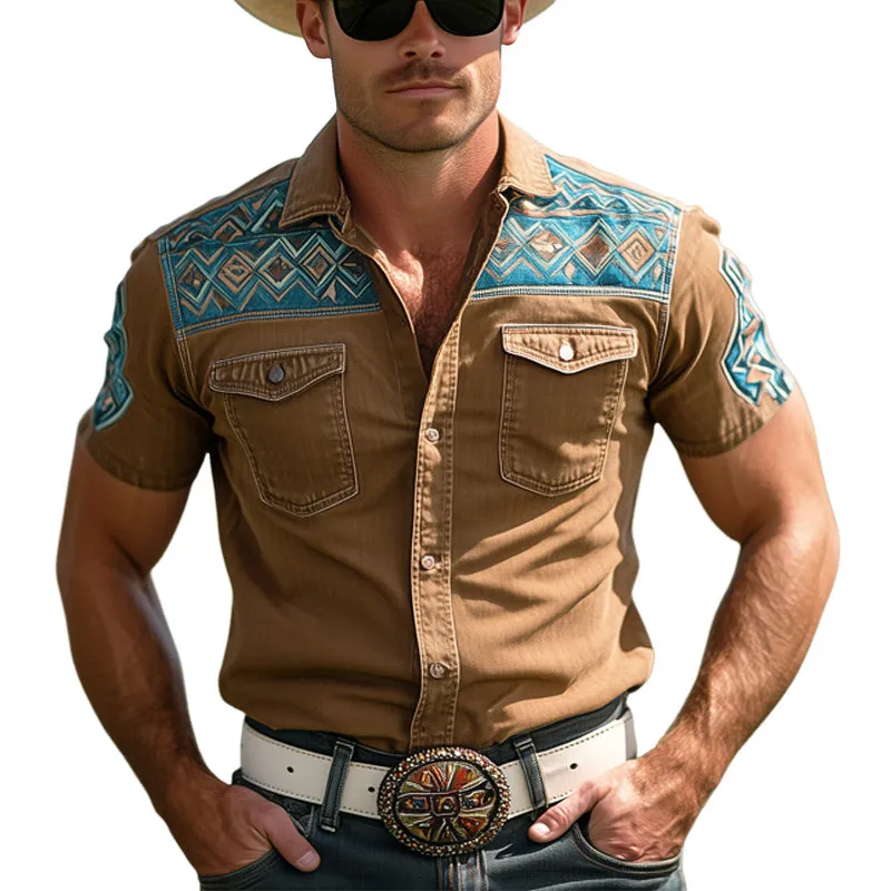 Men's Western Cowboy Style Denim Print Short Sleeve Shirt MTA1295E1U sold by Manly