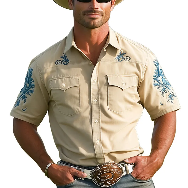 Men's Western Cowboy Style Vintage Embroidered Short Sleeve Shirt MTA1241E9U sold by Manly
