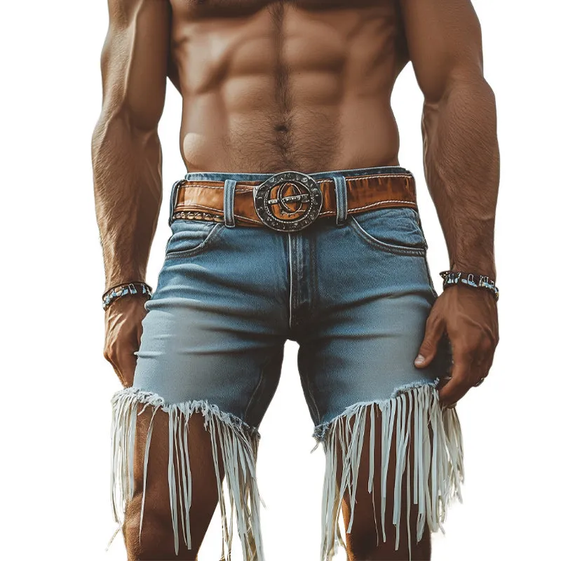 Men's Western Cowboy Style Vintage Tassel Denim Shorts MTA1232E7U sold by Manly