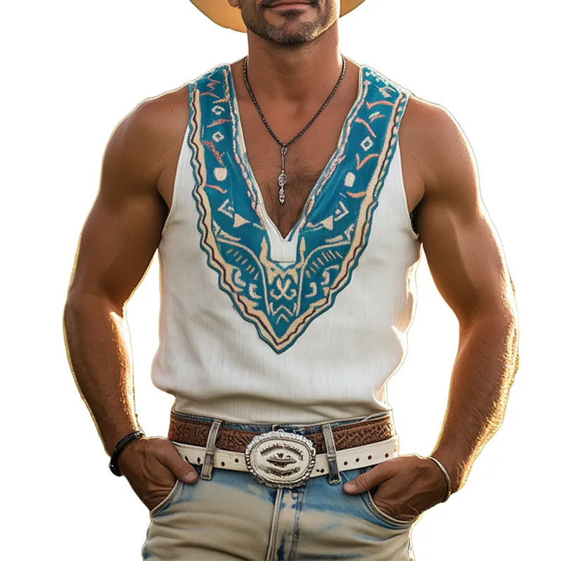 Men's Western Cowboy Style Vintage Deep V Neck Tank Top MTA1329E3U sold by Manly