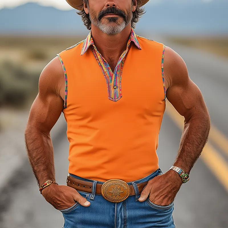 Men's Spring And Summer Fashion Retro Western Cowboy Style Cotton Blend Stitching Colorful Ribbon Slim Tank Top MTA1279E6K sold by Manly product image thumbnail 3