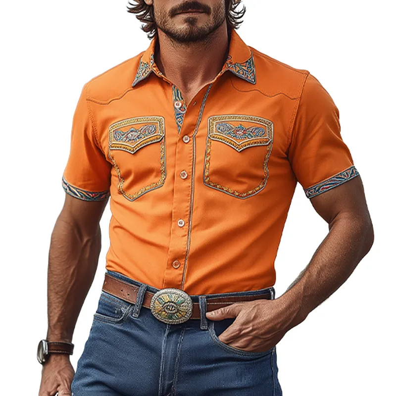 Men's Classic Casual Retro Western Cowboy Style Cotton Blend Exquisite Embroidery Short Sleeve Shirt MTA1238E5K sold by Manly