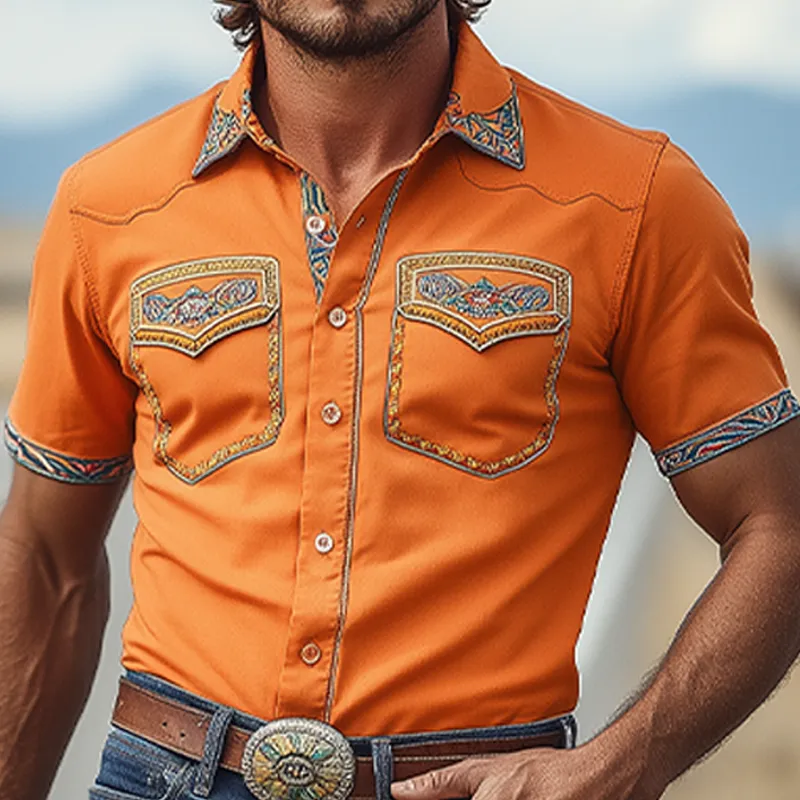 Men's Classic Casual Retro Western Cowboy Style Cotton Blend Exquisite Embroidery Short Sleeve Shirt MTA1238E5K sold by Manly product image thumbnail 5