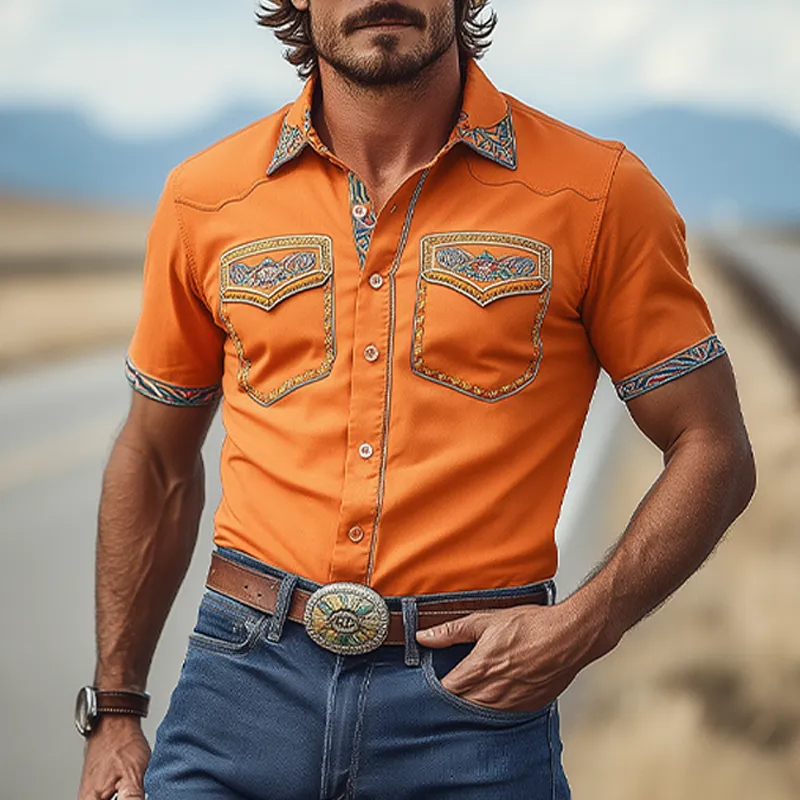 Men's Classic Casual Retro Western Cowboy Style Cotton Blend Exquisite Embroidery Short Sleeve Shirt MTA1238E5K sold by Manly product image thumbnail 4