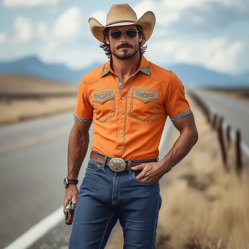 Men's Classic Casual Retro Western Cowboy Style Cotton Blend Exquisite Embroidery Short Sleeve Shirt MTA1238E5K sold by Manly product image thumbnail 3
