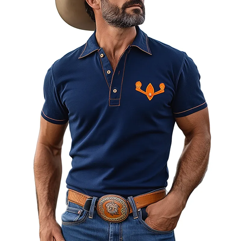 Men's Classic Casual Retro Western Cowboy Style Cotton Blend Contrast Color Embroidery Slim Fit Short Sleeve Polo Shirt MTA1202E2K sold by Manly