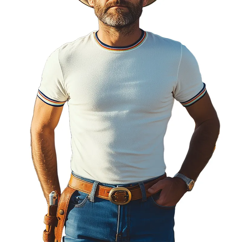 Men's Classic Casual Retro Western Cowboy Style Cotton Blend Slim Fit Stitching Colorful Ribbon Short-Sleeved T-Shirt MTA1210E8K sold by Manly